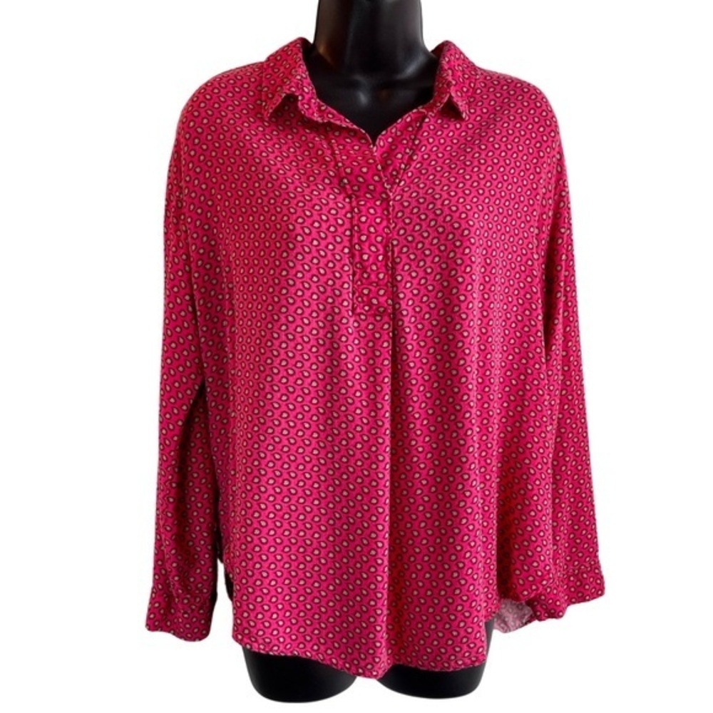 Liz Claiborne Droptail Long Sleeve Feverish Pink V-neck Pullover Blouse SzL